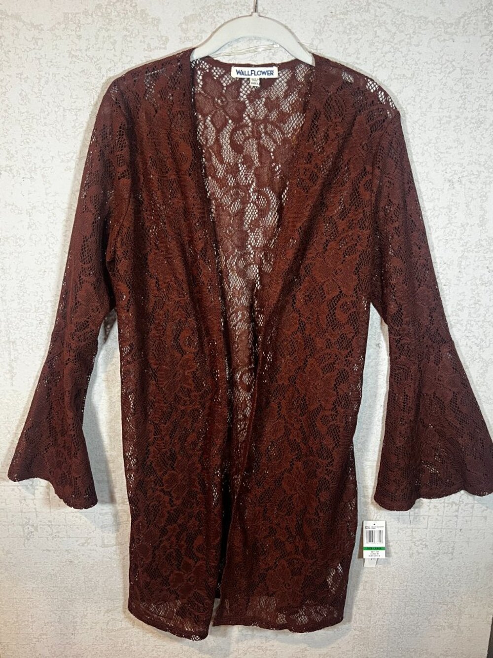 Wallflower Women's Size L Burgundy Lace Open Front Cardigan Boho or Cover-Up